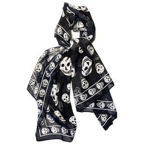 NEW Genuine Pure Silk Chiffon B/W Long Scarf w/Skull Pattern 26” Wide x 59" Long
